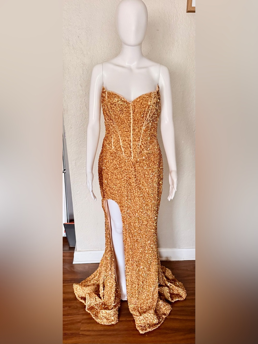 Portia and Scarlett Gold Sequin Strapless Gown with High Slit